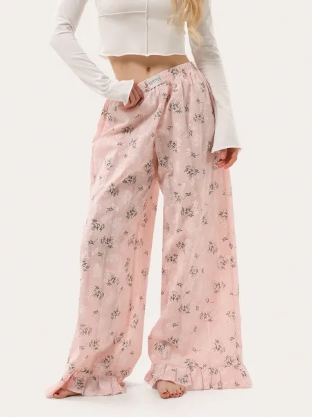 Pantaloni de casă roz cu model de mimoză