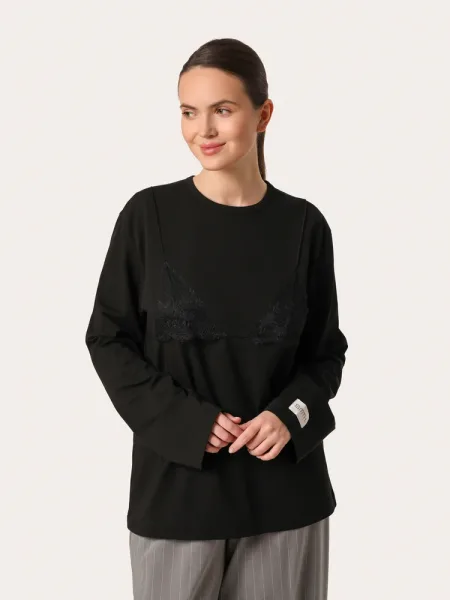 Bluză neagră oversize cu dantelă pe piept
