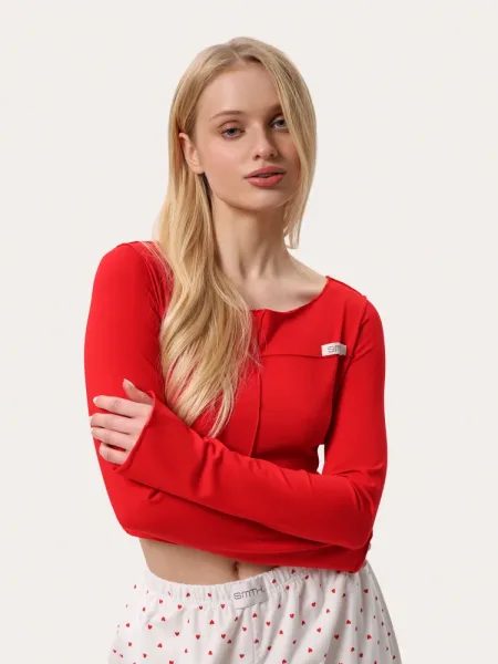 Bluza cropped cu mâneci lungi și cusături exterioare – roșie