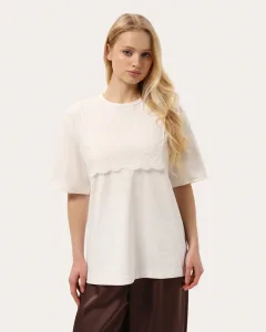 Tricou crem cu dantelă albă