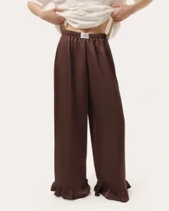 Pantaloni din mătase ciocolatie cu volănașe