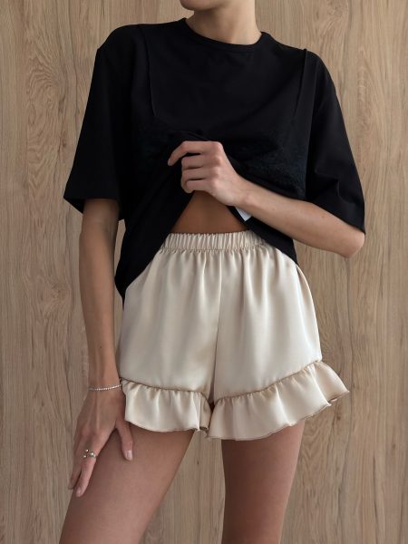 Pantaloni scurți mini bej din mătase