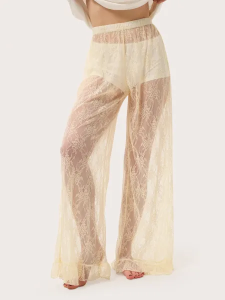 Pantaloni crem din dantelă cu volane
