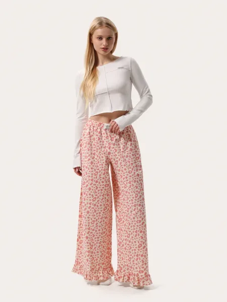 Pantaloni de casă călduroși cu imprimeu leopard – roz