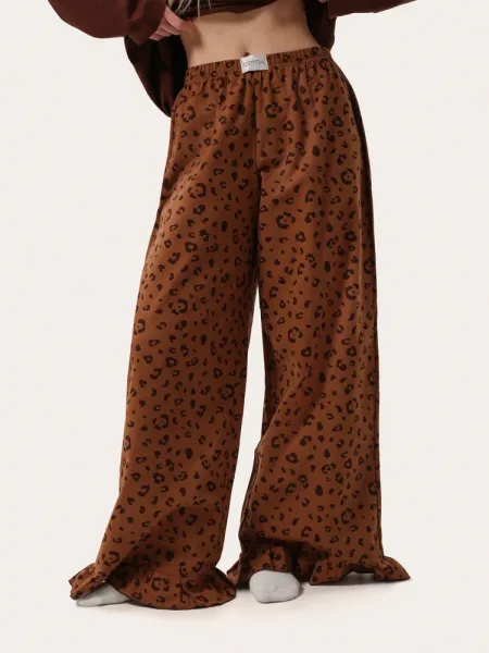 Pantaloni călduroși de casă cu imprimeu leopard – maro