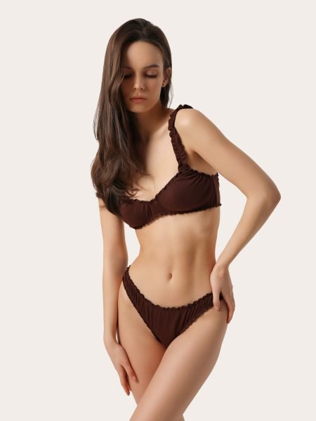 Set delicat de lenjerie din bumbac, culoare ciocolatie