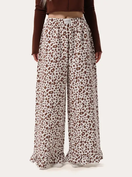 Pantaloni de casă din flanel, culoare crem, cu imprimeu leopard