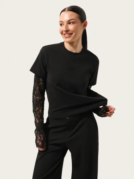 Longsleeve negru, cu mâneci din dantelă și broderie