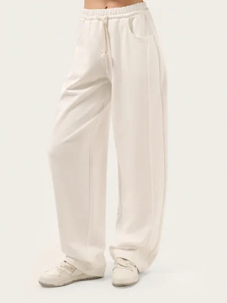 Pantaloni wide-leg culoare alb lăptos din bumbac tip fleece (tricot triplu)