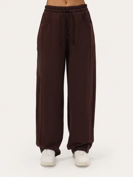 Pantaloni wide-leg maro ciocolatiu din material tip fleece (tricot triplu)