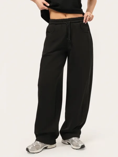 Pantaloni wide-leg negri din material tip fleece (tricot triplu)