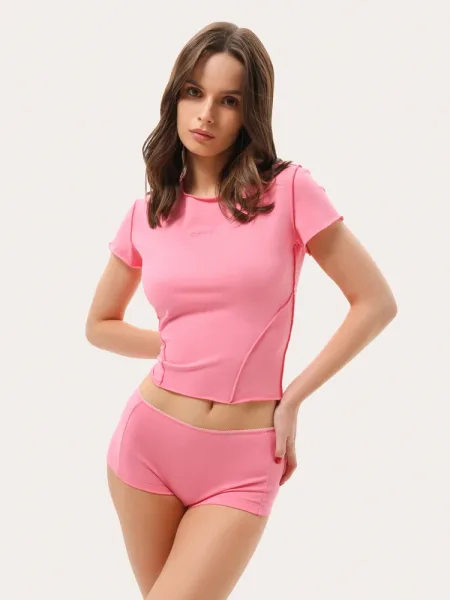 Tricou slim din bumbac roz cu logo brodat