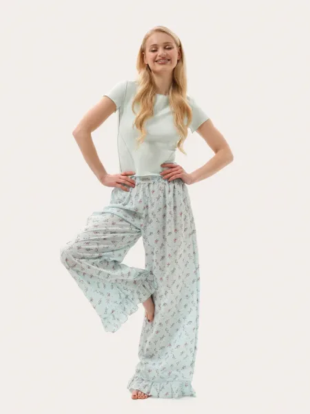 Pantaloni de vară ușori mentol cu volănașe cu flori