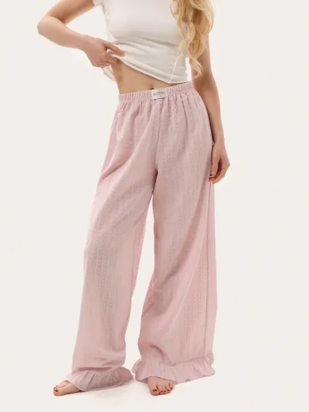 Pantaloni de vară ușori, culoare pudrată, cu volănașe