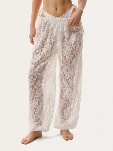 Pantaloni jogger din dantelă, culoare lapte