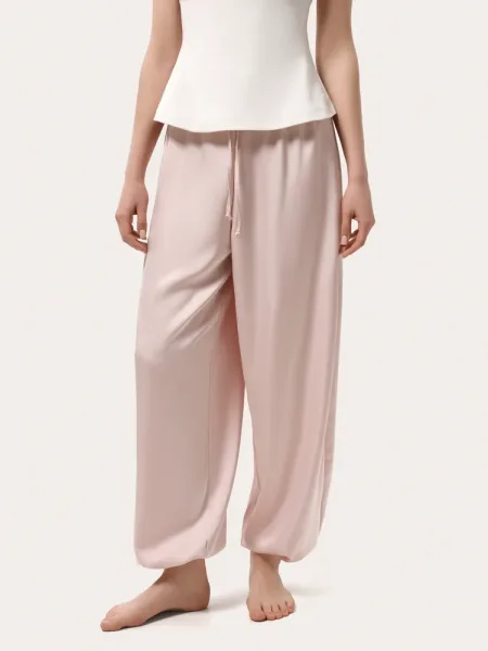 Pantaloni satin pudrat cu șnururi de ajustare